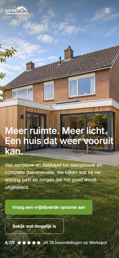 Mobiele homepage van Groen Totaal Bouw met de aanbouw, diensten en knop voor een opname.