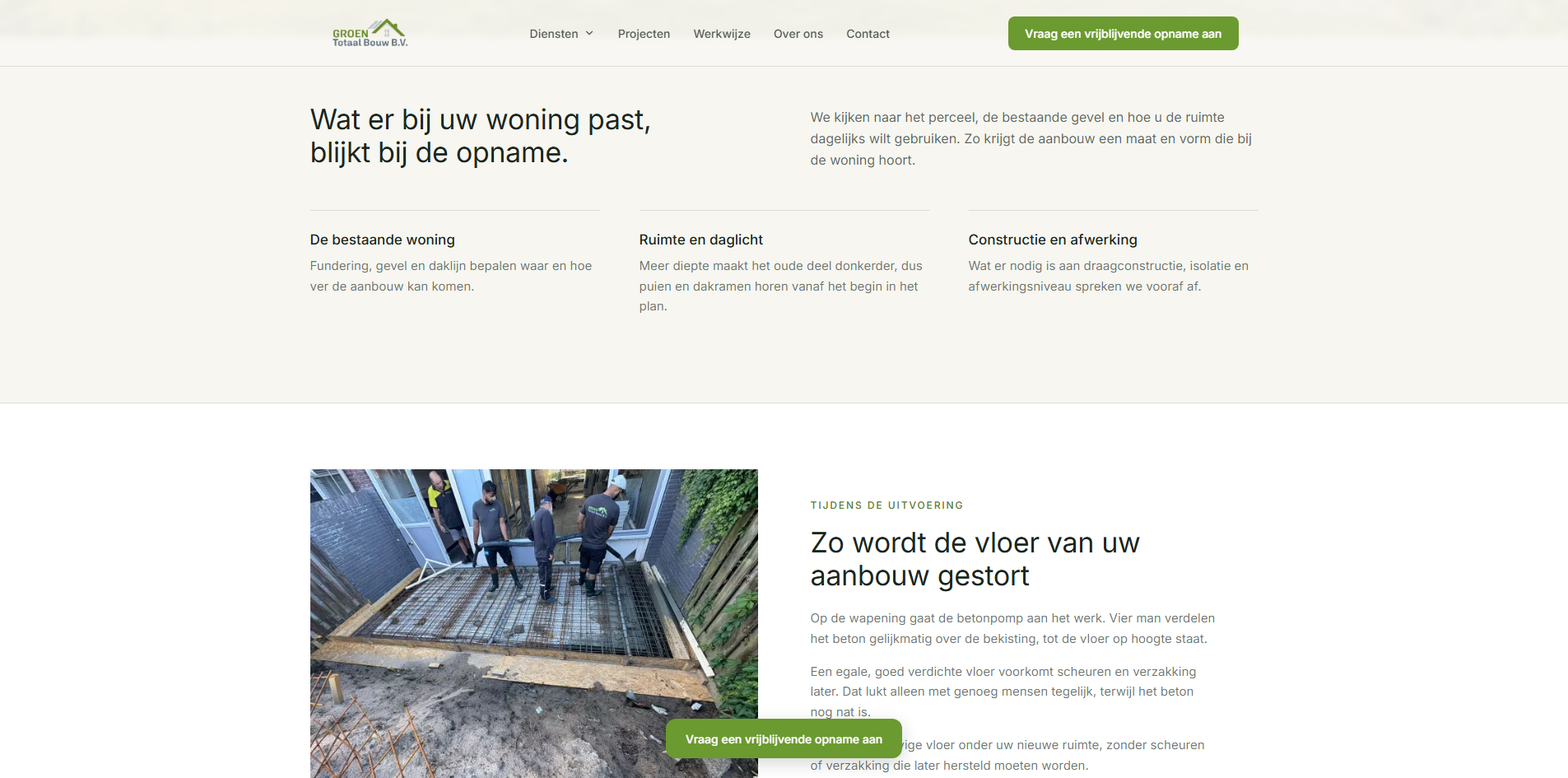 Groen Totaal Bouw legt de woningopname uit naast een foto van het storten van een aanbouwvloer.