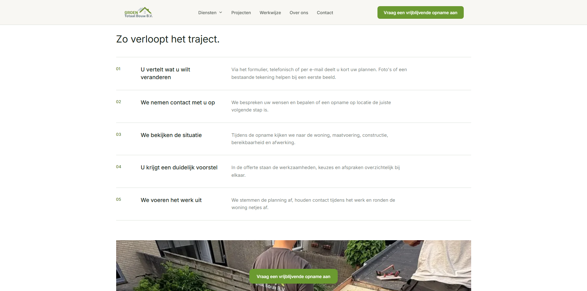 De vijf stappen van contact, opname en voorstel tot uitvoering op de website van Groen Totaal Bouw.