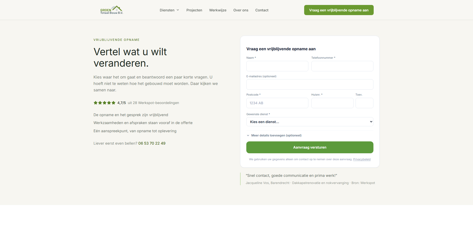Desktopformulier van Groen Totaal Bouw voor een vrijblijvende woningopname.