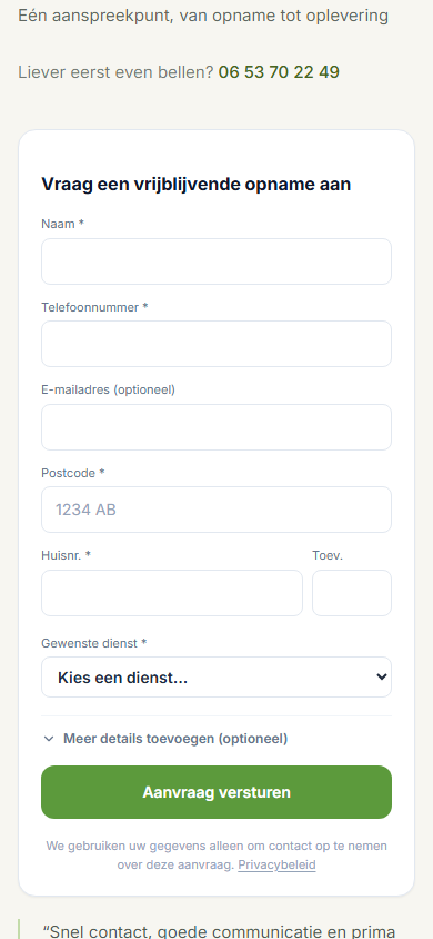 Mobiele weergave van het formulier met contactgegevens, adres en dienstkeuze.