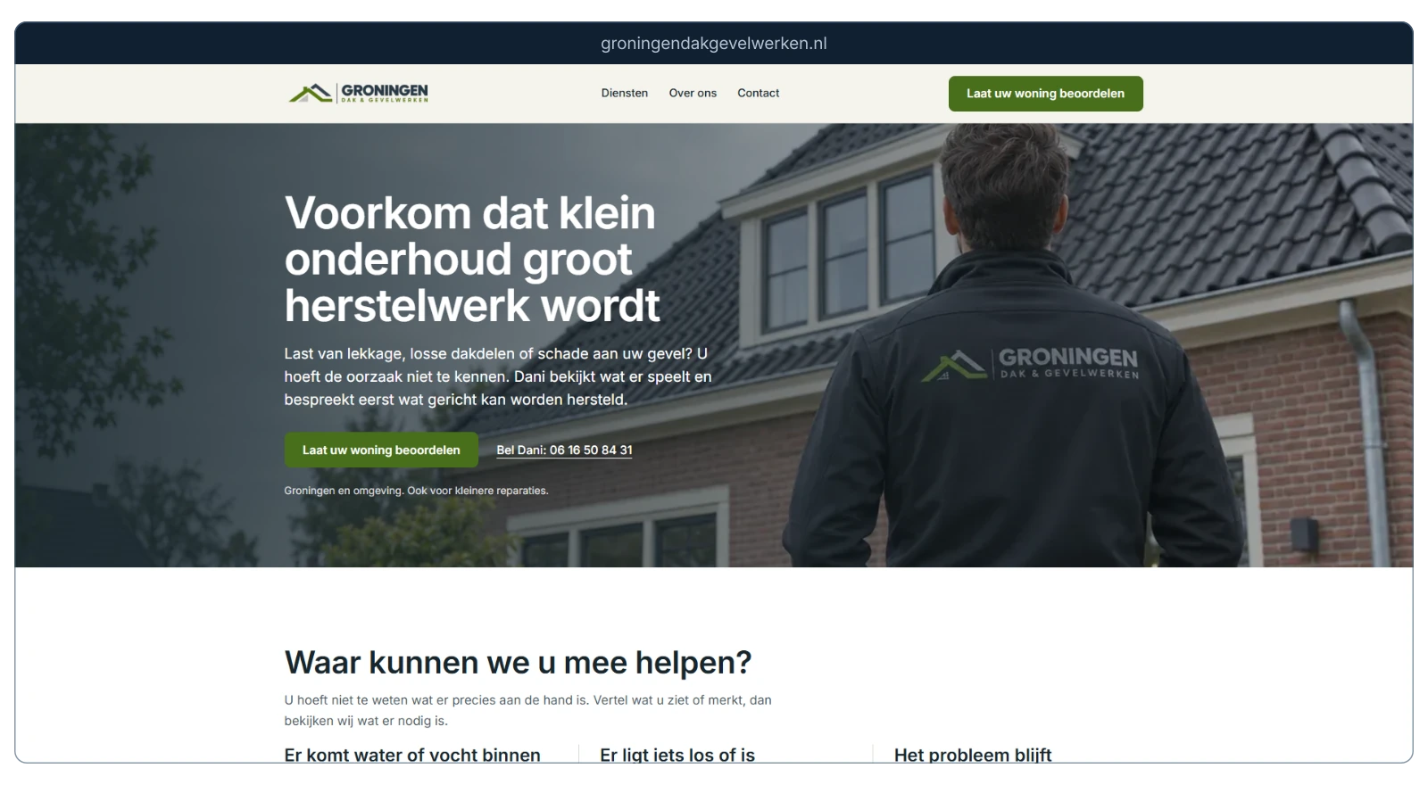 Groningen Dak & Gevelwerken met dak- en gevelhulp, in een frontaal browserkader.