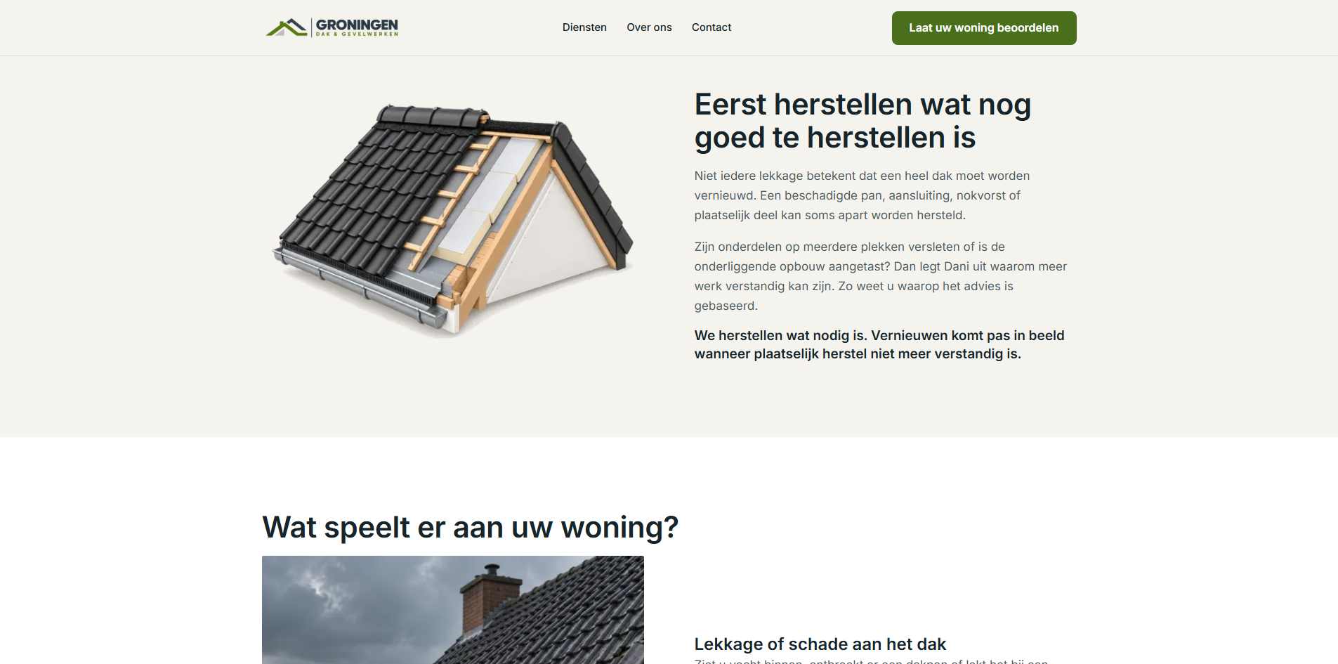 GDG legt het uitgangspunt van herstellen uit naast een doorsnede van een pannendak.