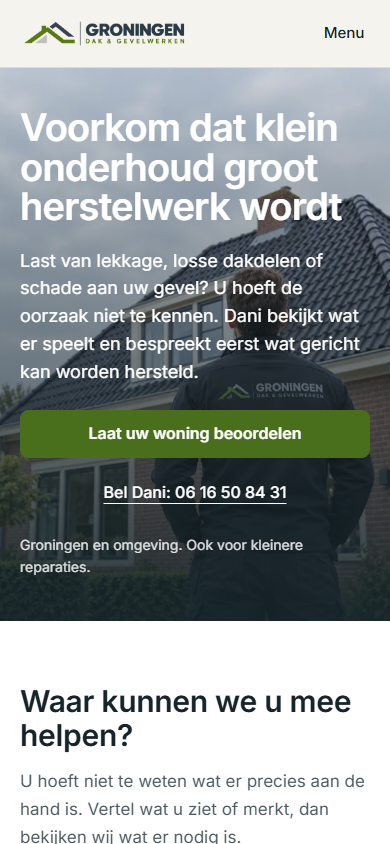 Mobiele GDG-homepage met de knop voor een woningbeoordeling en telefonisch contact.