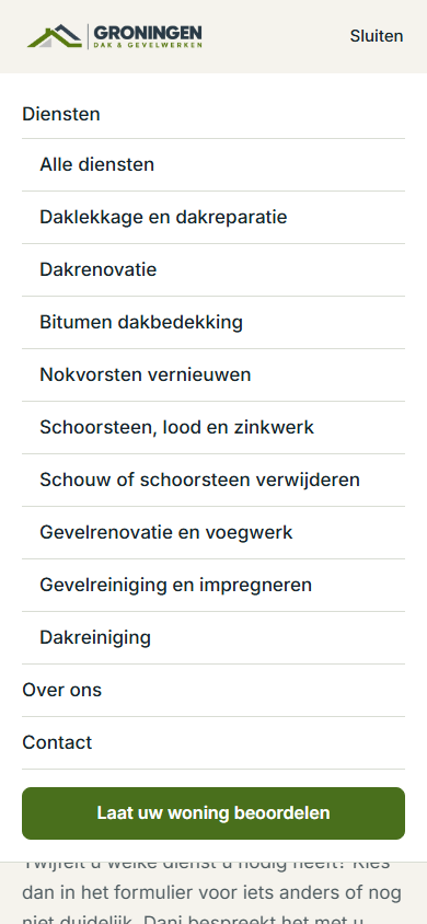 Mobiel GDG-menu met dak- en geveldiensten en de knop om een woningbeoordeling aan te vragen.