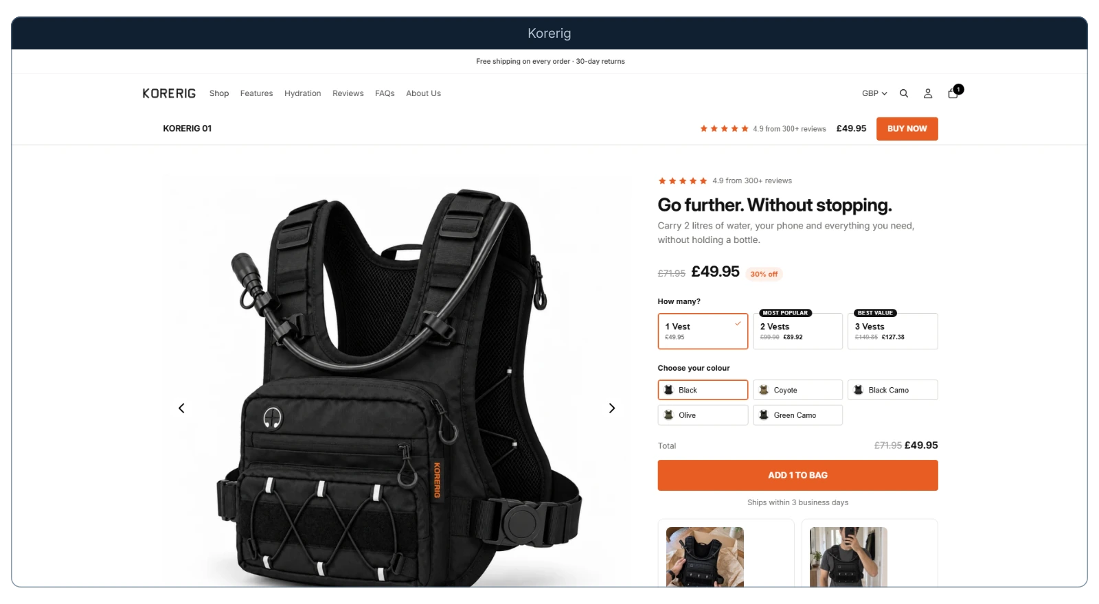 Korerig-productpagina met het drinkvest en productkeuzes, in een frontaal browserkader.