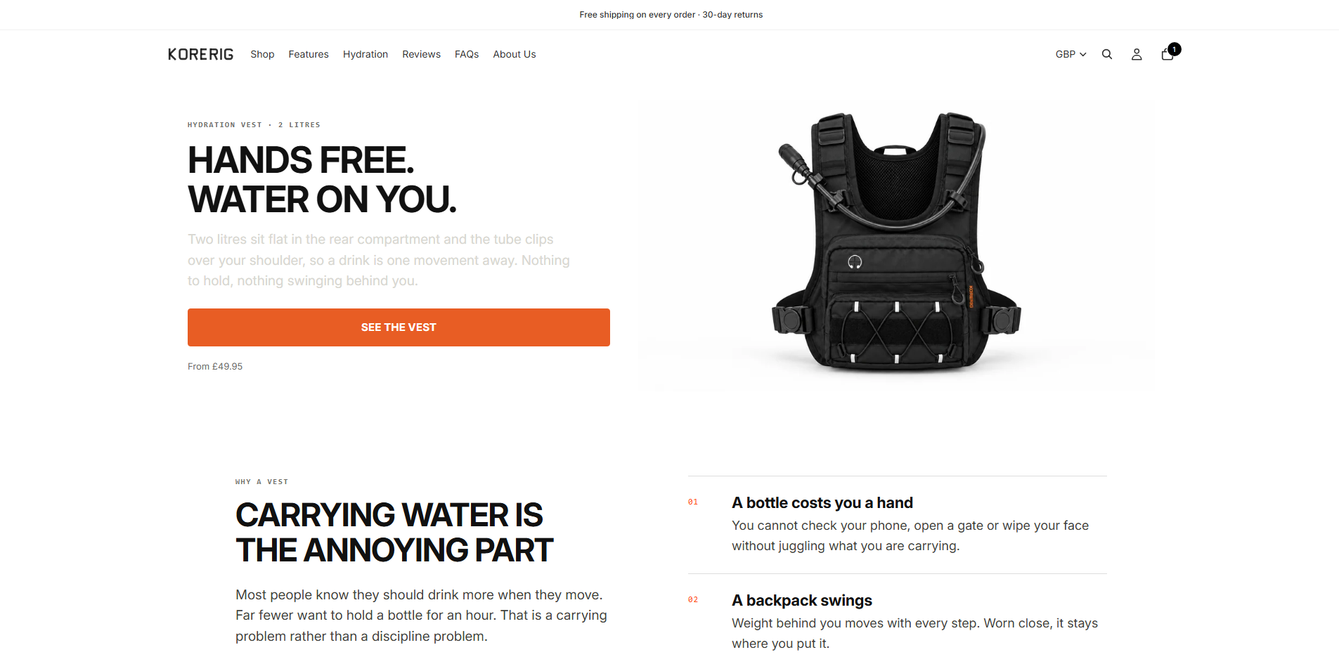 Korerig-homepage met een groot drinkvest en uitleg over handsfree water meenemen.