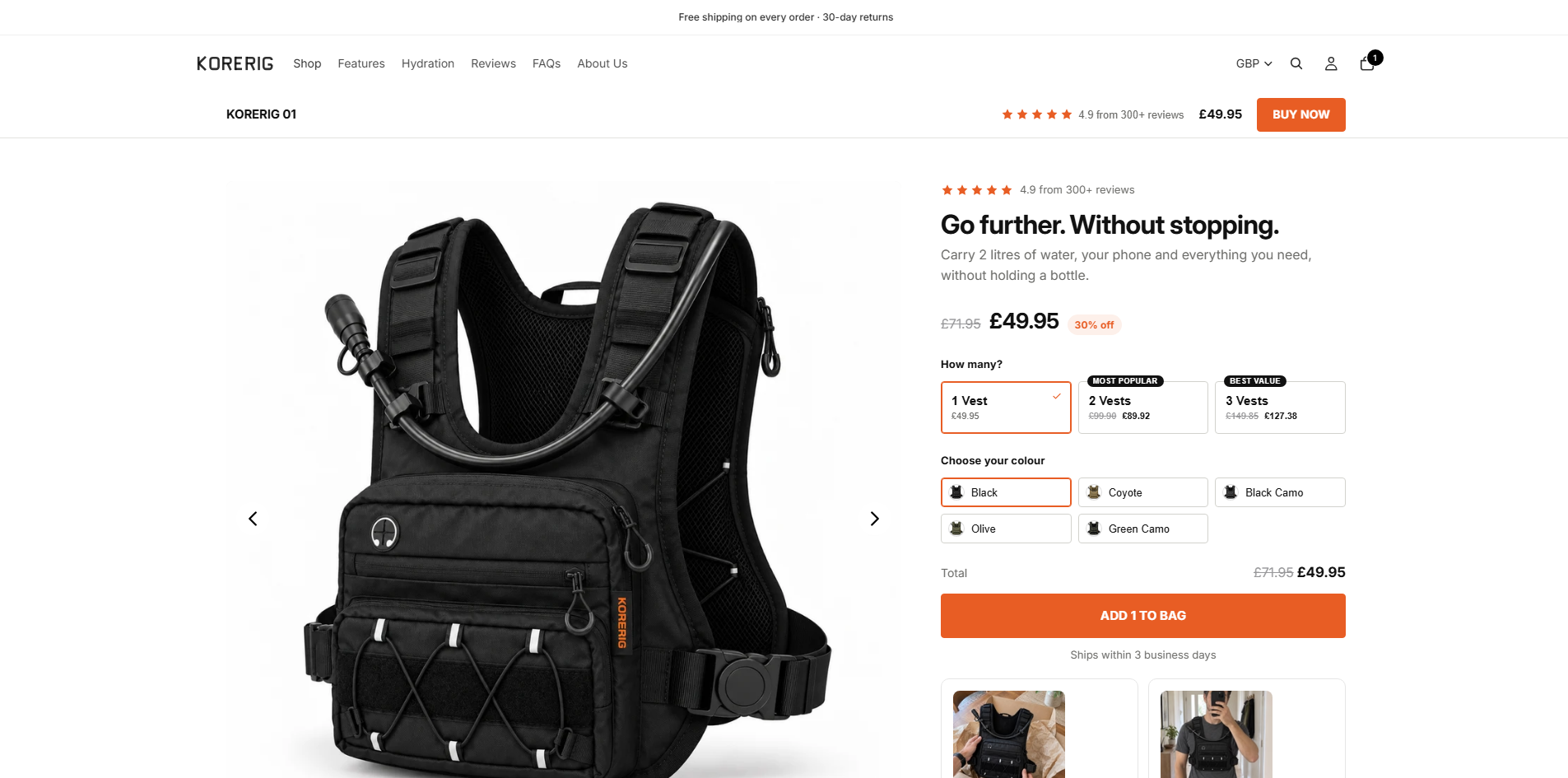 Desktop Korerig-productpagina met aantallen, kleuren, prijs en bestelknop.