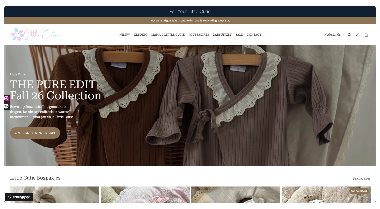 For Your Little Cutie-webshop met kledingcollectie en merkpresentatie, in een frontaal browserkader.