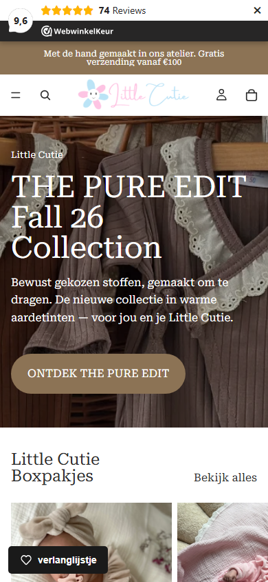 Mobiele homepage van For Your Little Cutie met collectiebeeld en collectieknop.