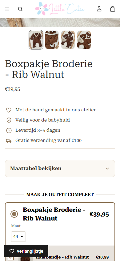 Mobiele Little Cutie-productpagina met productinformatie, maattabelkeuze en bijpassende items.