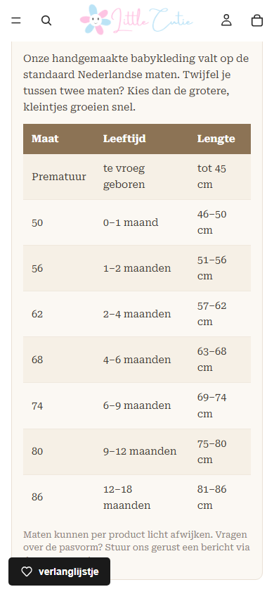 Geopende maattabel op de mobiele Little Cutie-productpagina.