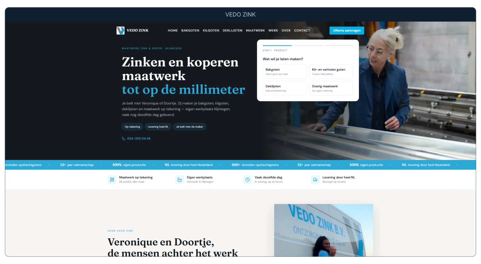 VEDO ZINK met maatwerk in zink en koper en productkeuze, in een frontaal browserkader.