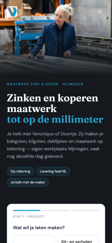 Mobiele VEDO ZINK-homepage met werkplaatsbeeld, maatwerkpropositie en productselectie.