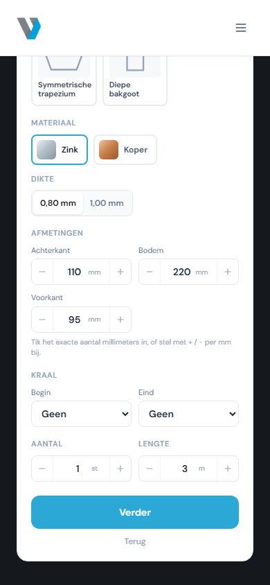 Mobiele VEDO ZINK-configurator met zink of koper, dikte, maatvoering, aantal en lengte.