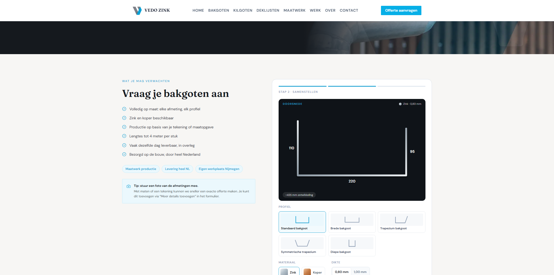 VEDO ZINK-configurator met bakgootdoorsnede, profielkeuze en maten.