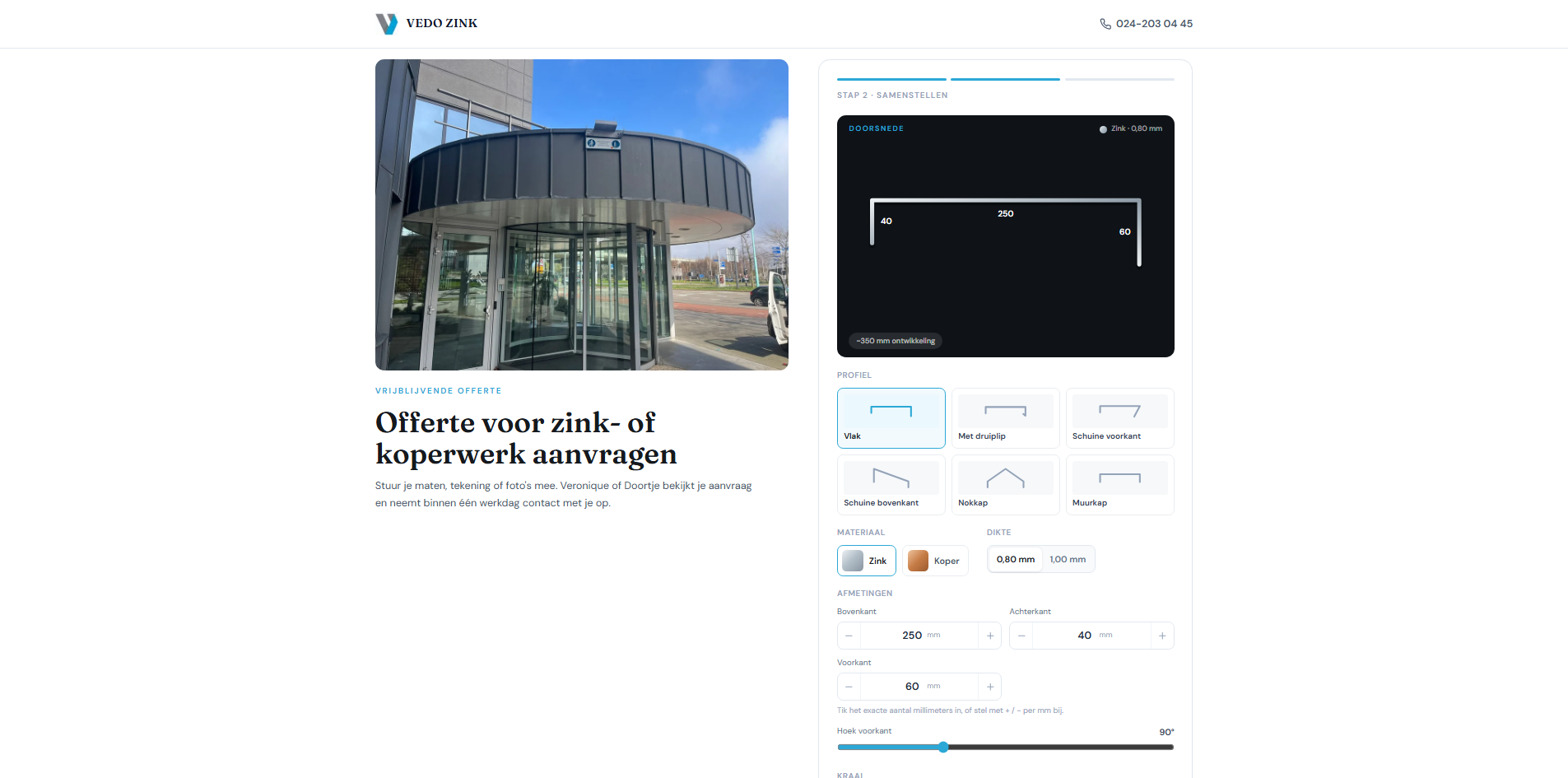 VEDO ZINK-offerteformulier met een profiel voor dekwerk, materiaalkeuze en maatvelden.