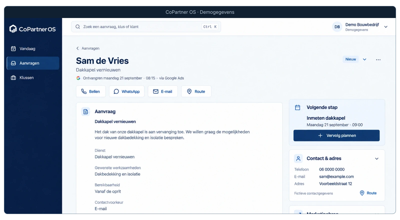 Illustratie van een CoPartner OS-aanvraag met fictieve gegevens, herkomst en volgende stap.